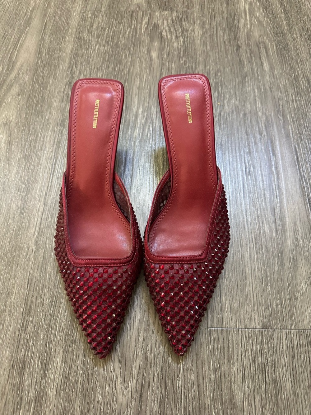 PrettyLittleThing Red Pointed-Toe Embellished Mule Heels